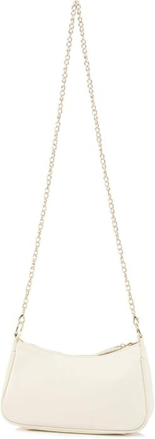 White handbag with a chain strap on a white background