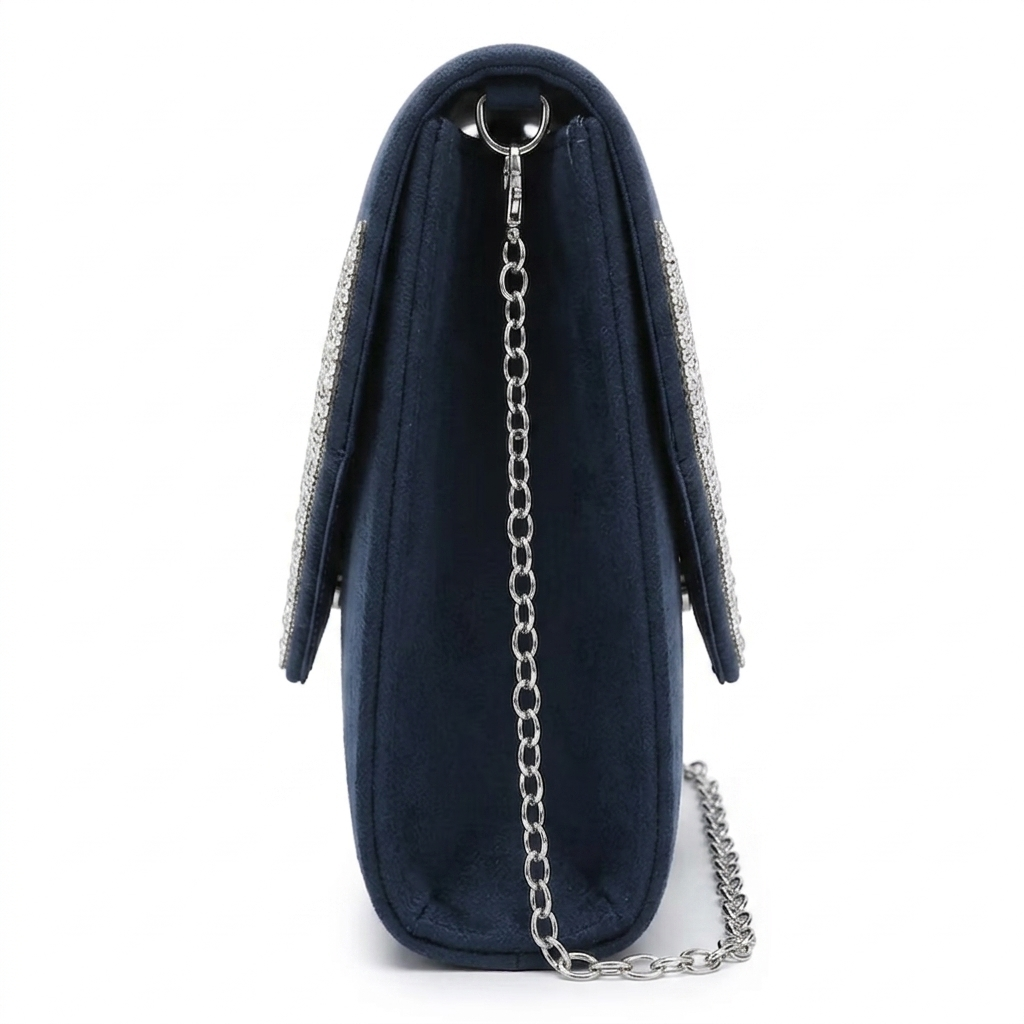 Navy blue clutch bag with a silver chain on a white background
