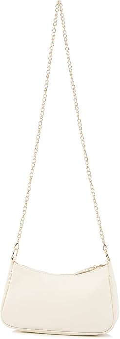 White handbag with a chain strap on a white background
