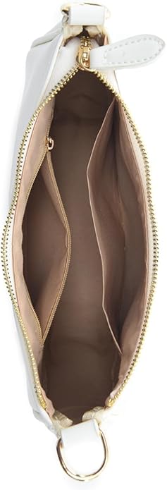 White handbag with gold zipper and strap on a white background