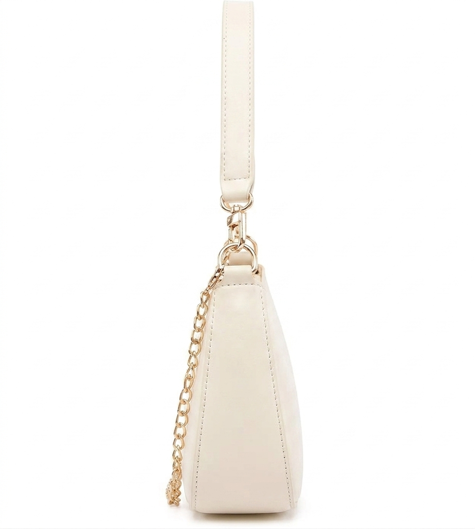 White handbag with a chain detail on a white background