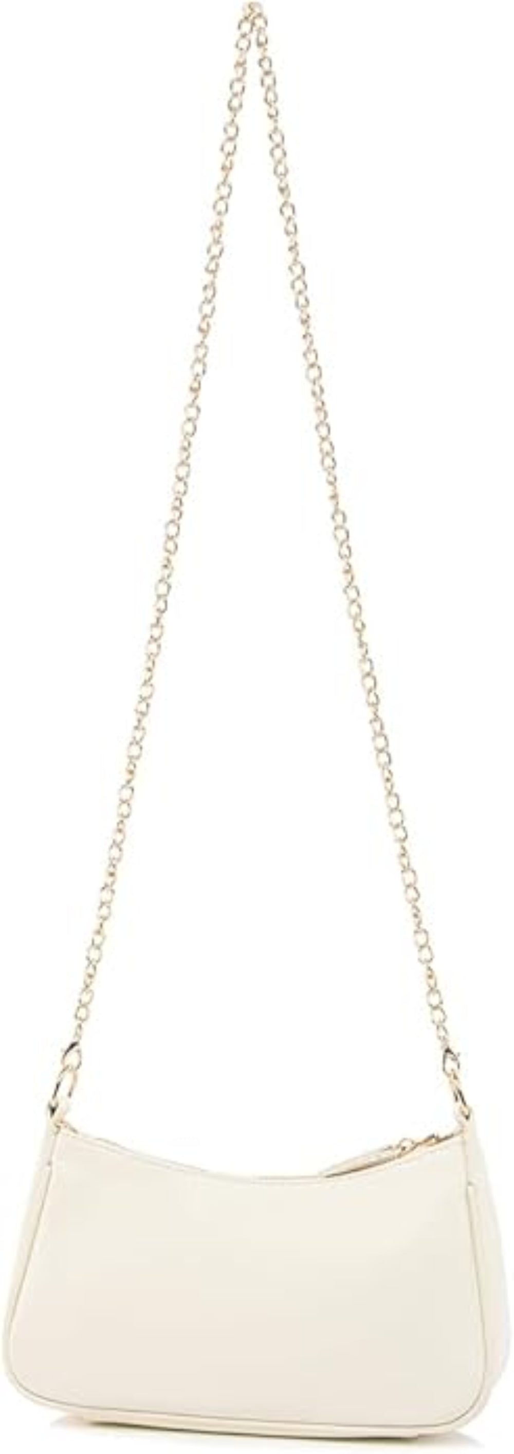 White handbag with a chain strap on a white background
