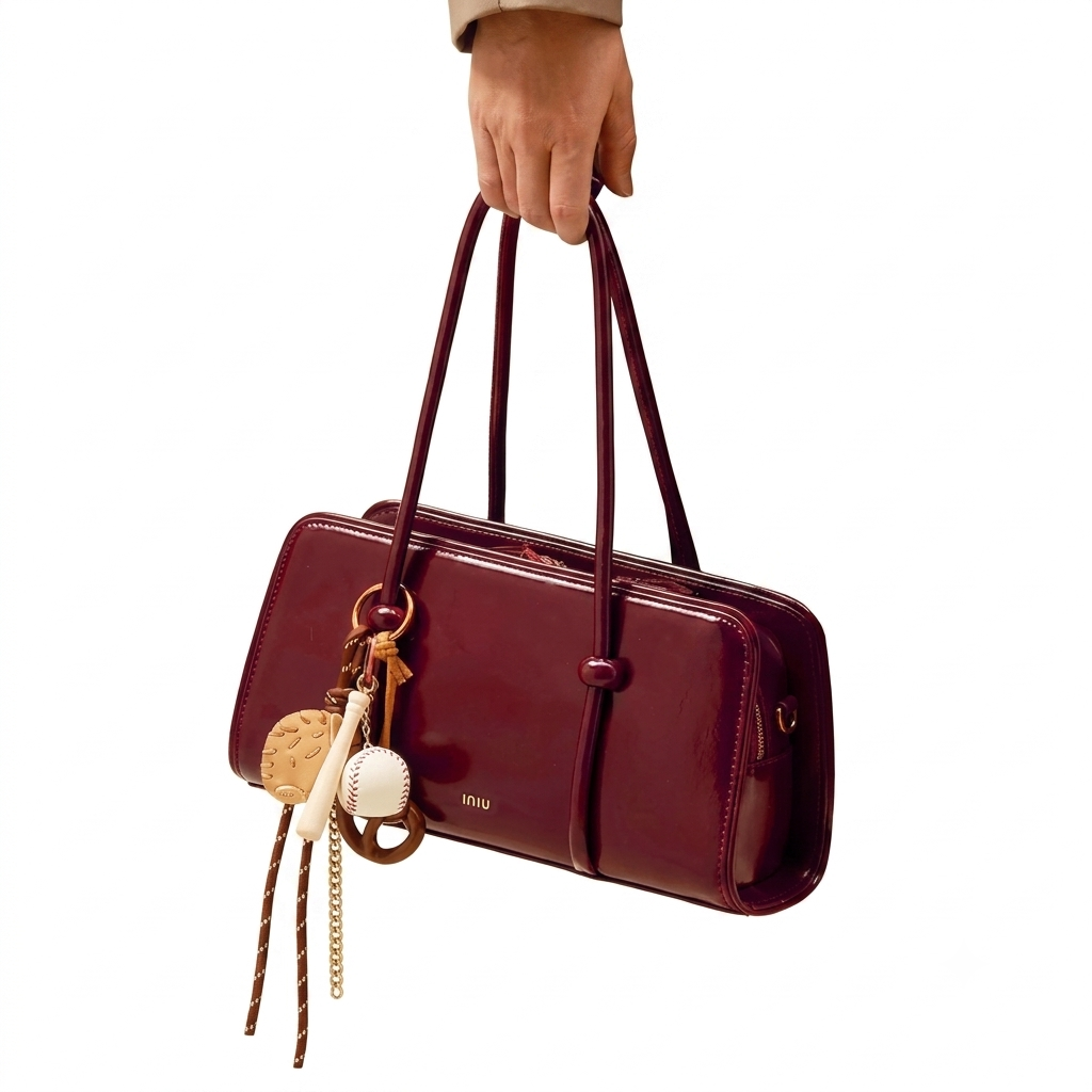 Maroon handbag with keychains held by a hand on a white background