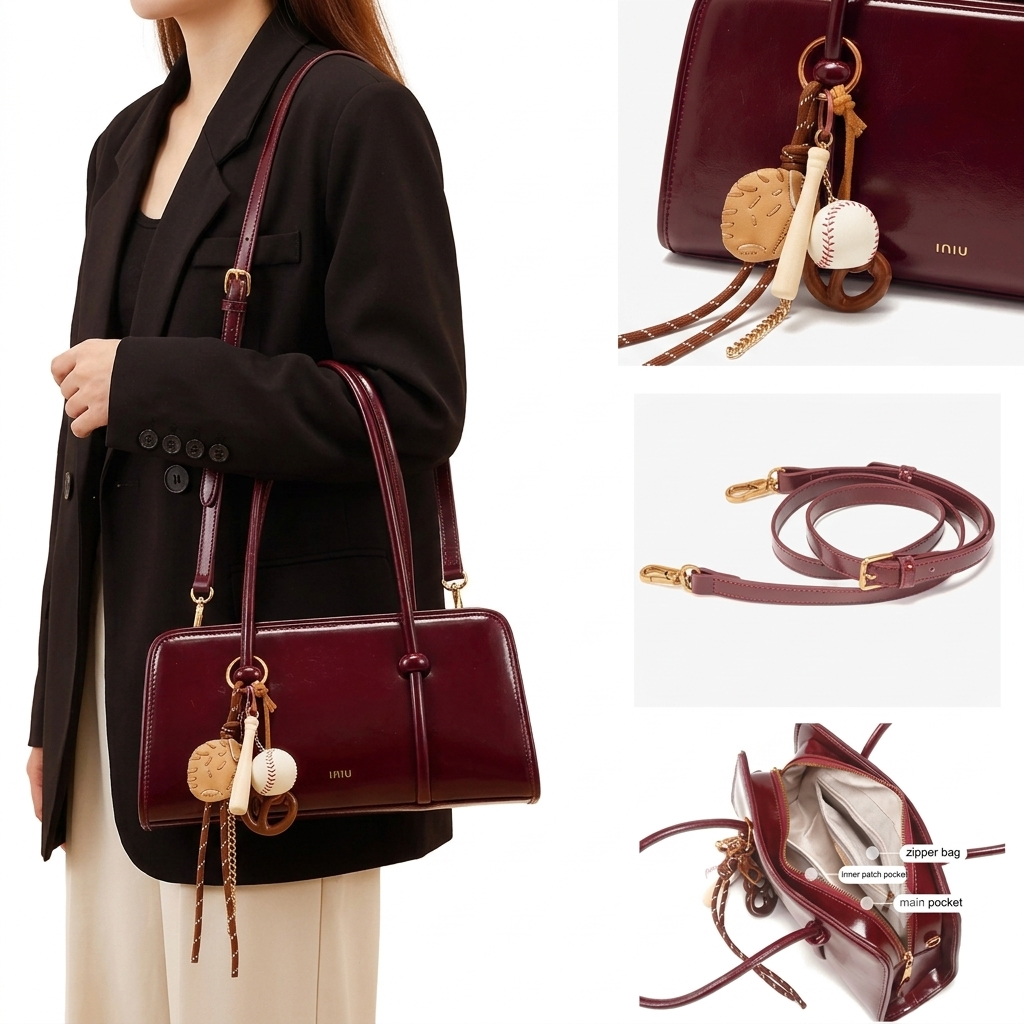 Burgundy handbag with decorative elements held by a person, close-up of bag details on a white background.