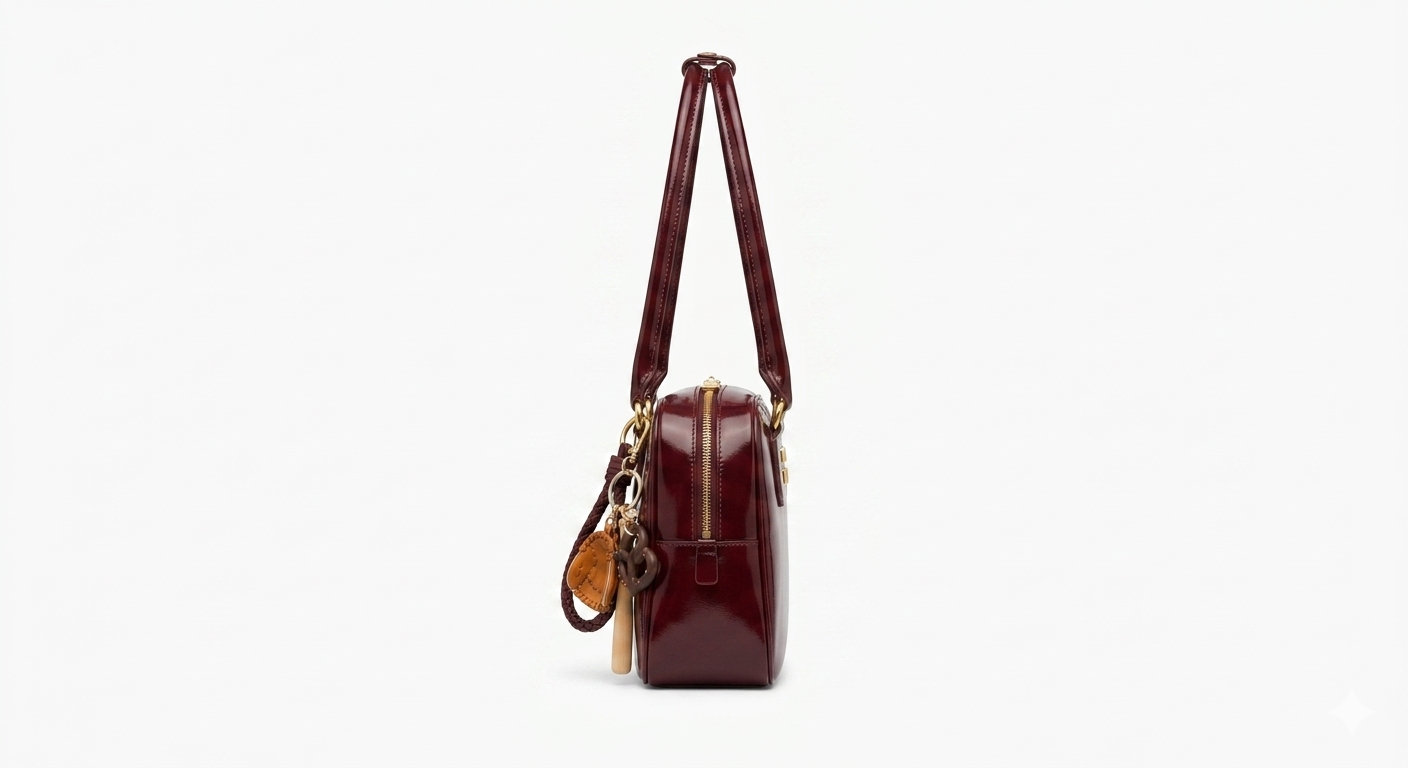 Burgundy handbag with a strap on a white background