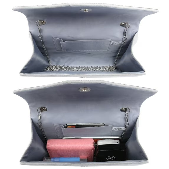 Gray handbag with a chain strap, open to reveal its interior and contents on a white background.