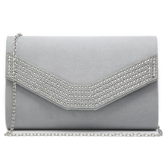 Gray clutch bag with decorative chain and embellishments on a white background