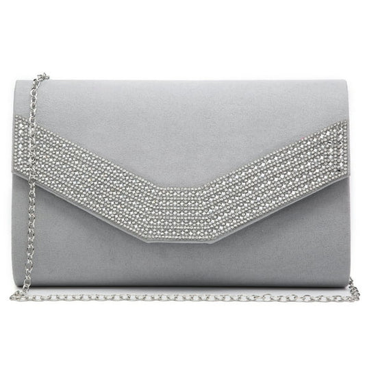 Gray clutch bag with decorative chain and embellishments on a white background