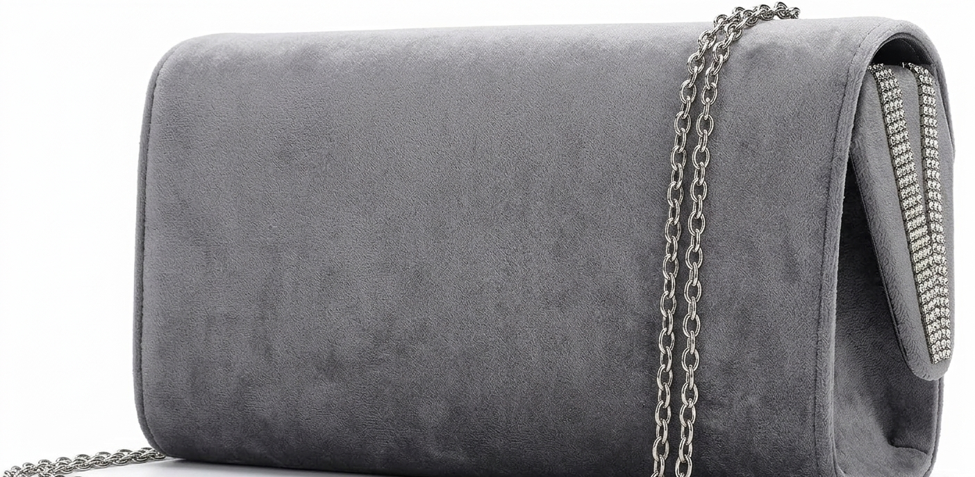 Gray clutch bag with a chain strap on a white background
