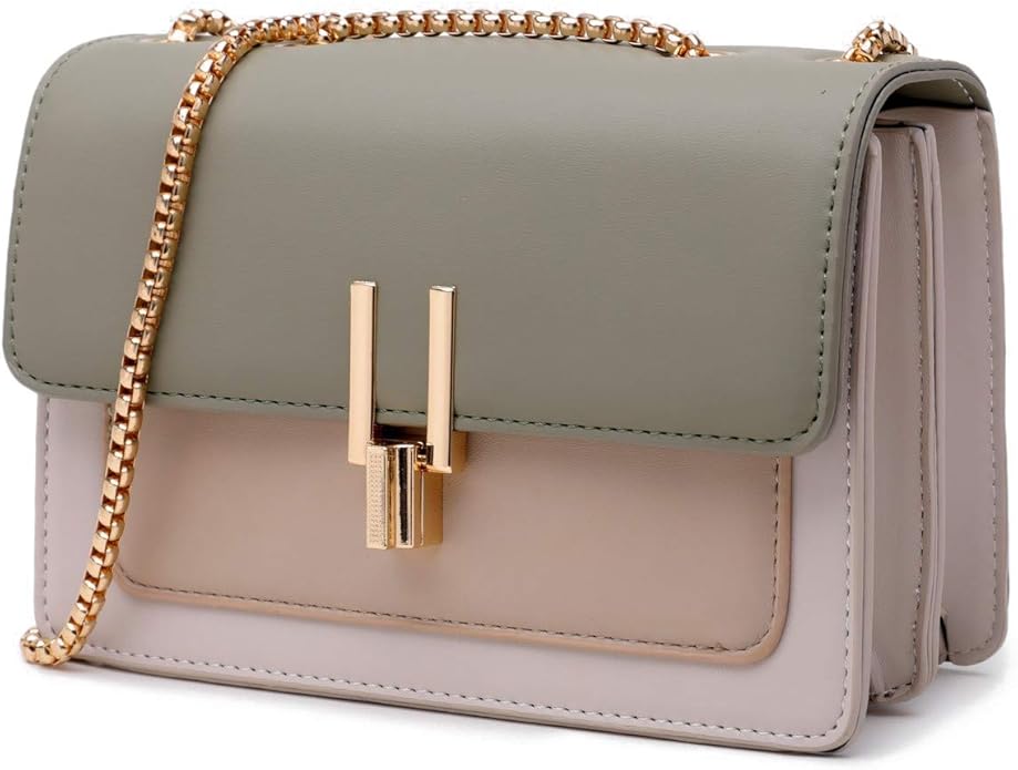Two-tone handbag with gold chain and clasp on a white background