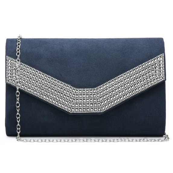 Navy blue clutch bag with silver embellishments on a white background