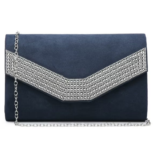 Navy blue clutch bag with silver embellishments on a white background