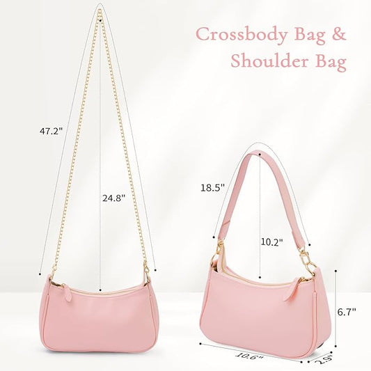 Pink crossbody and shoulder bag with measurements on a white background