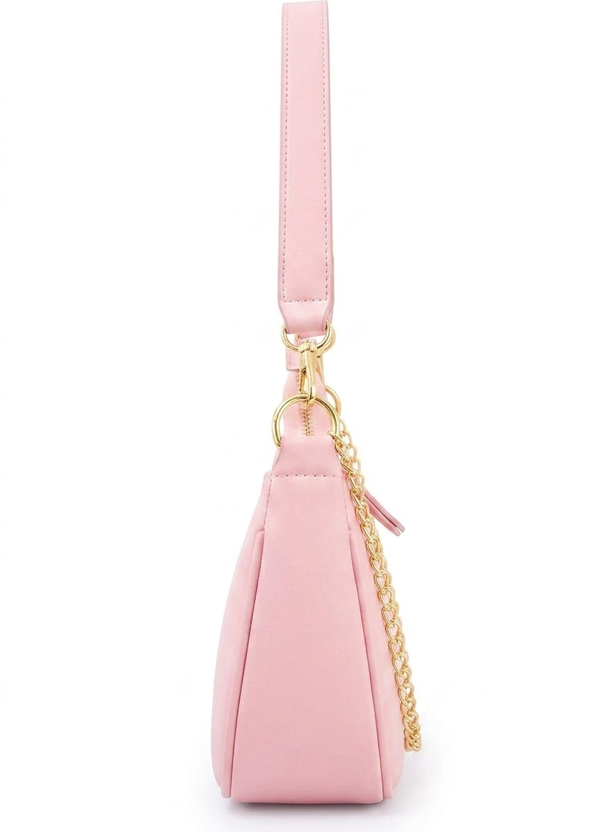Pink handbag with a gold chain on a white background