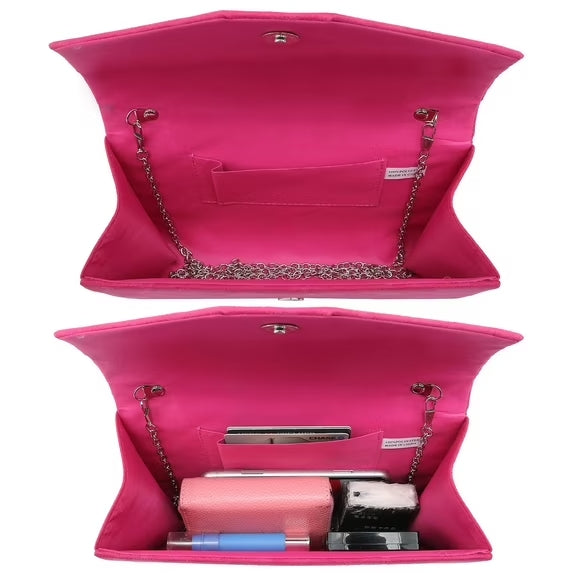 Pink handbag with chain detail, open to show interior and contents on a white background
