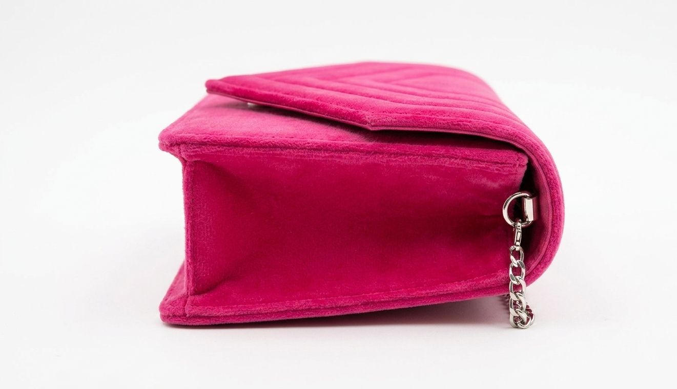 Pink quilted handbag with a chain detail on a white background