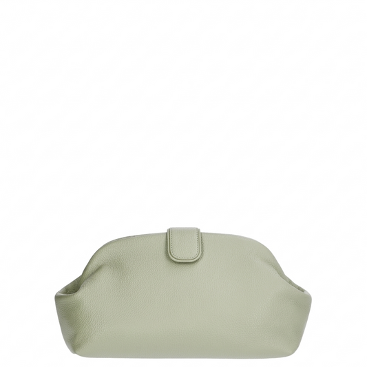 Sage green clutch bag on a white background