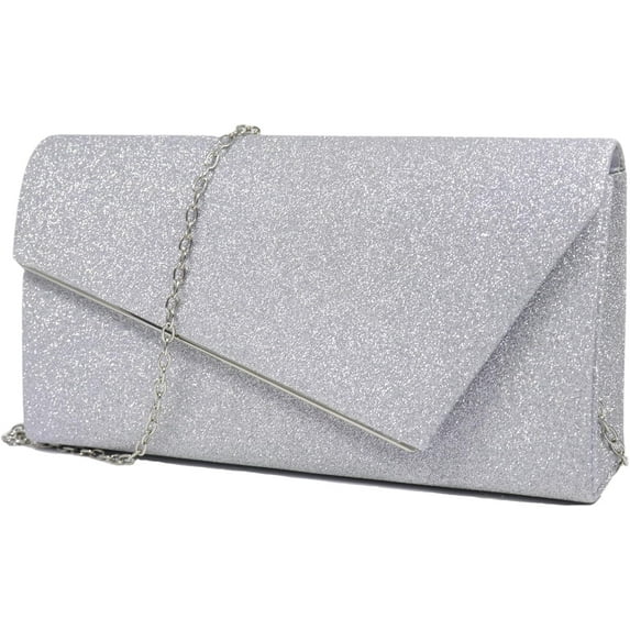 Silver glitter clutch bag with a chain strap on a white background
