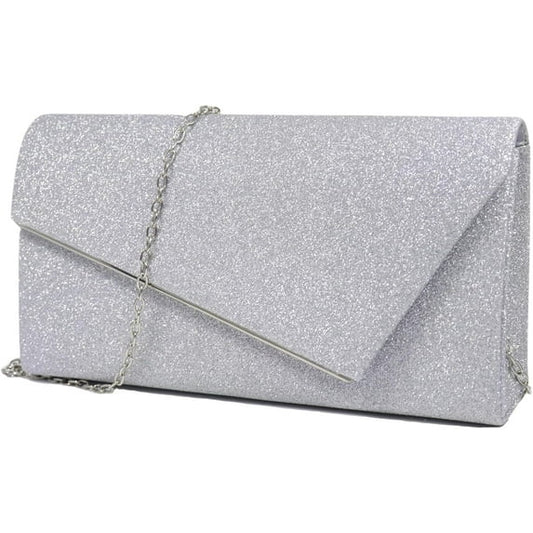 Silver glitter clutch bag with a chain strap on a white background