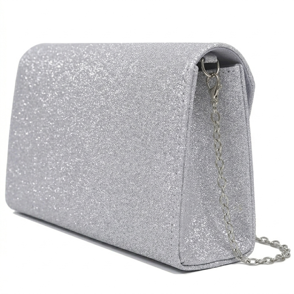 Silver glitter clutch bag with a chain strap on a white background