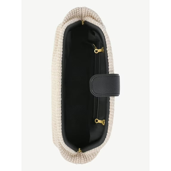 Clutch bag with beige woven exterior and black interior on a white background