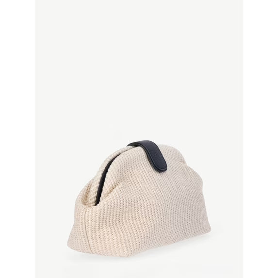 Knitted beige beanie with a black band on a white background