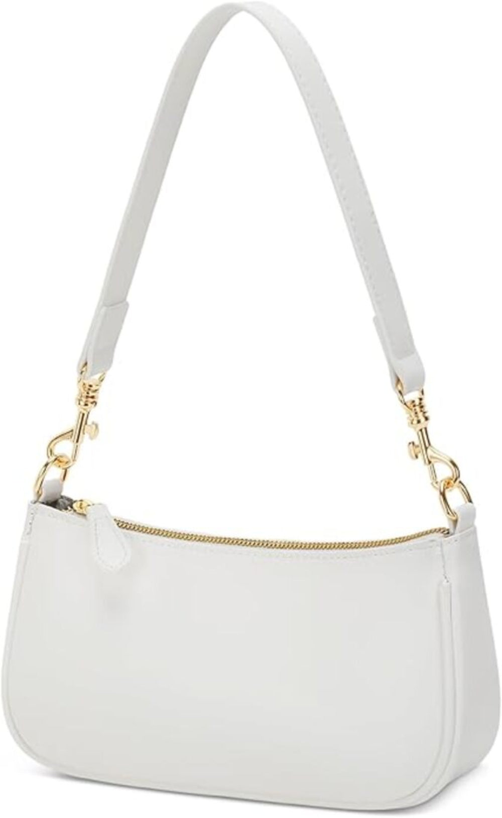White handbag with gold accents on a white background